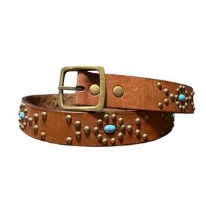 Fossil Womens Brown Leather Studded Turquoise Western Belt BT2404 Medium